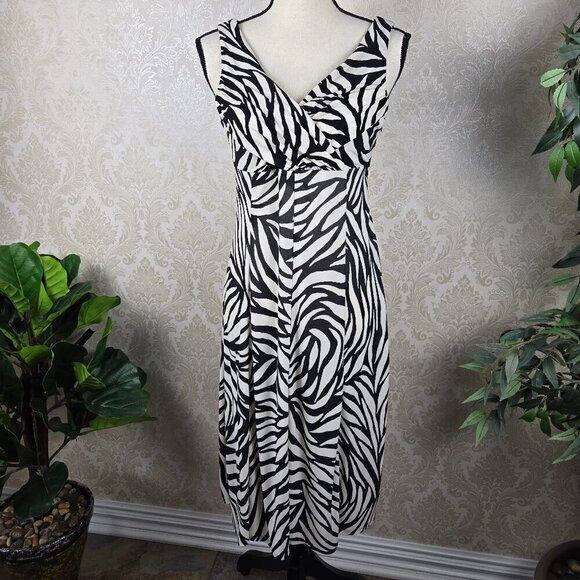 Evan Picone Dress Size 4 Black Cream Abstract Stripe A-Line Dress Faux Wrap Top - Picture 1 of 16